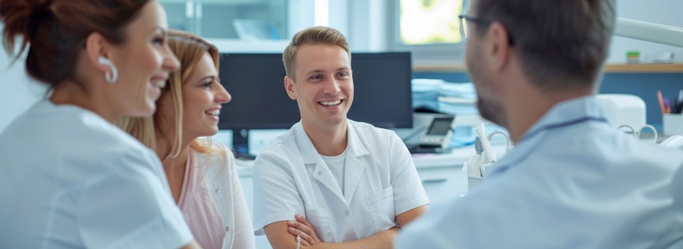 2 Frauen und 2 Männer sitzen sich gegenüber und lachen