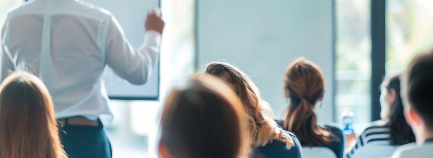 Ein Mann hält einen Vortrag und zeigt auf ein Whitboard