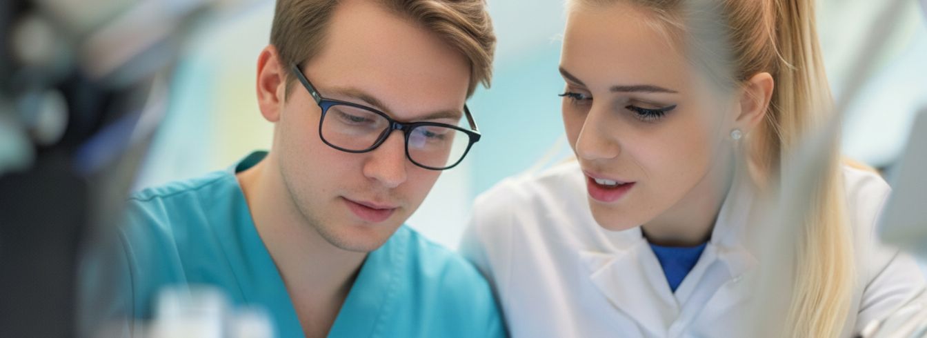 Links ein Mann und rechts eine Frau sitzen gemeinsam am Laptop