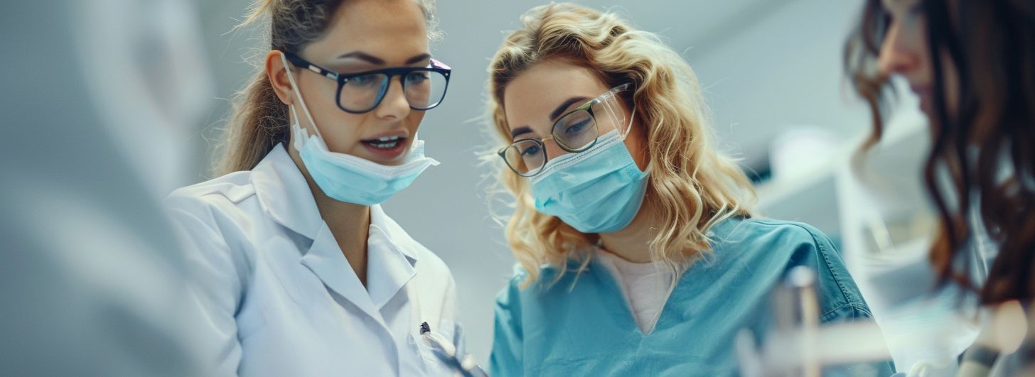 Eine Zahnärztin mit einer Helferin